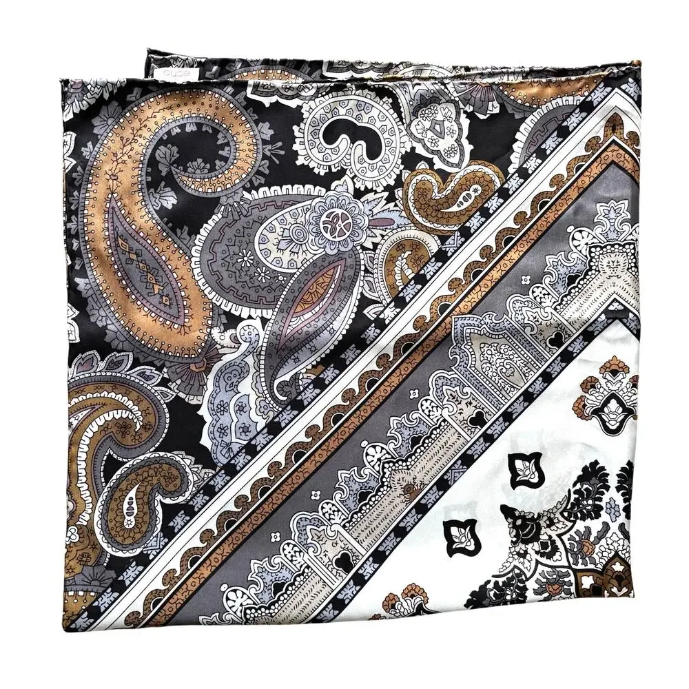 Vintage ECHO silk scarf black tan gray white paisley geometric 30